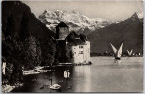 Lac Leman Chateau De Chillon Et Les Dents Du Midi Real Photo RPPC Postcard