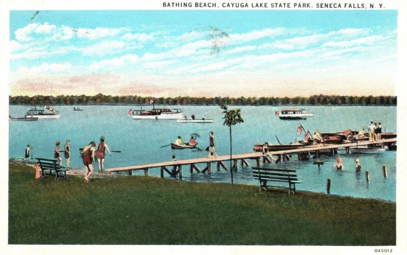 Vintage Postcard 1938 Bathing Beach Cayuga Lake State Park Seneca Falls New York