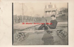 IL, Elgin, Illinois, RPPC, Clinton Shields Sitting in His Home Made Automobile