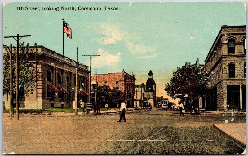 11th Street Looking North Corsicana Texas TX Men Crossing Postcard