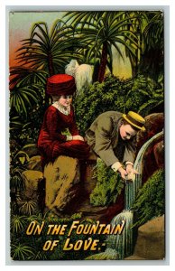 Vintage 1910's Winsch Comic Postcard - The Fountain of Love - Lovers Lush Garden