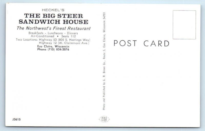 EAU CLAIRE, Wisconsin WI ~ Heckel's BIG STEER SANDWICH HOUSE Roadside  Postcard