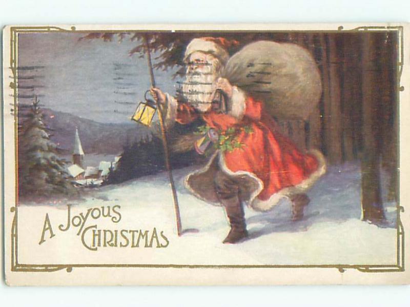 Pre-Linen christmas SANTA USES LANTERN TO LIGHT HIS WAY k1575