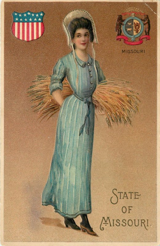 Embossed Postcard Langsdorf State Belle Missouri Lovely Lady w/ Wheat