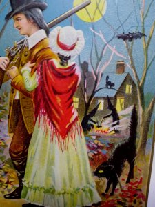 Halloween Postcard Pilgrims Black Cats Bats Witches Brew Santway 140 Embossed