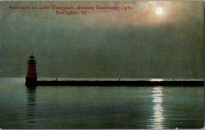 Moonlight on Lake Champlain, Breakwater Light House Burlington VT Postcard G57