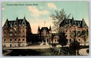Tacoma Washington~High School St View~Flag~Towers~Chateauesque~1912 Postcard