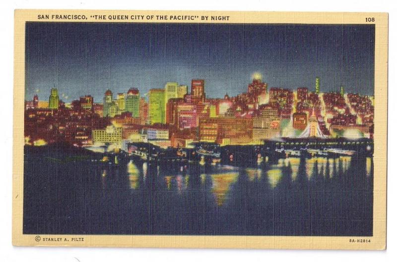 San Francisco at Night Piltz Linen Postcard