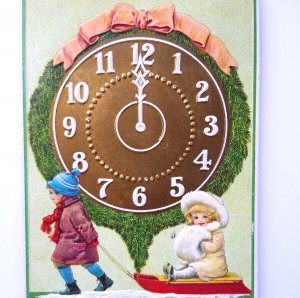 New Years Day Postcard Giant Clock 12 O'clock Children Muff Sled Stecher 203