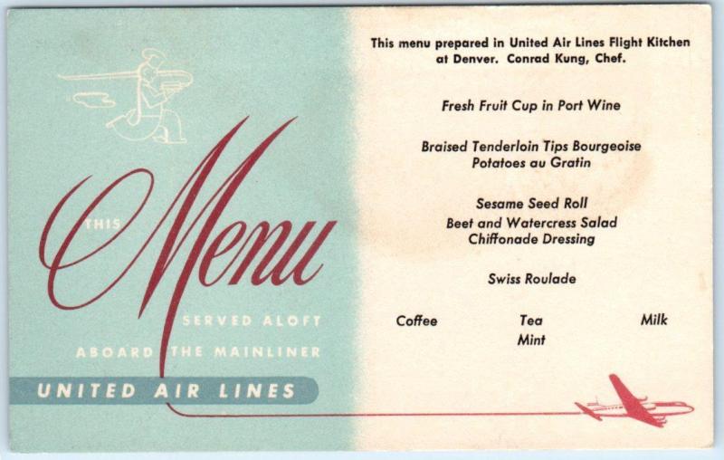 United Airlines Air Lines  MAINLINER MENU  Chef Conrad King, Denver  Postcard