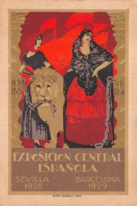 SEVILLA & BARCELONA SPAIN EXPOSITION WOMEN LION POSTER ART POSTCARD (c. 1928)