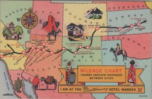 1942 Fred Harvey Mileage Chart Hotels Map Distances Cities linen postcard G382 