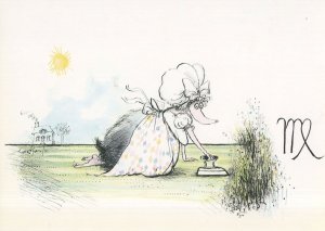 Virgo Ironing The Lawn Ronald Searle Zodiac Astrology Postcard