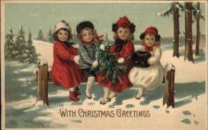 Christmas Three Little Girls and Boy on Fence in Snow c1910 Vintage Postcard