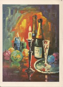 JUDAICA, Still Life w Wine & Candles, Handicapped Artist, ISRAEL, 1975