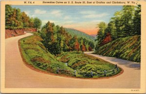 postcard WV - Horseshoe Curve on US Route 50 East of Grafton and Clarksburg