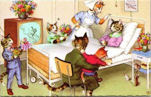 Alfred Mainzer Artwork Postcard Dressed Cats Kittens Nurse Hospital Room