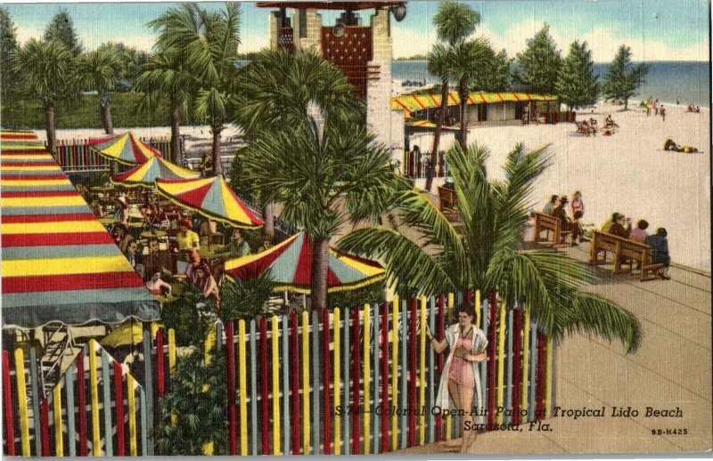 Open Air Patio on Lido Beach Sarasota FL c1950 Vintage Linen Postcard E39