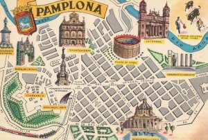 Pamplona Map Spain Bullfighting Church River Postcard