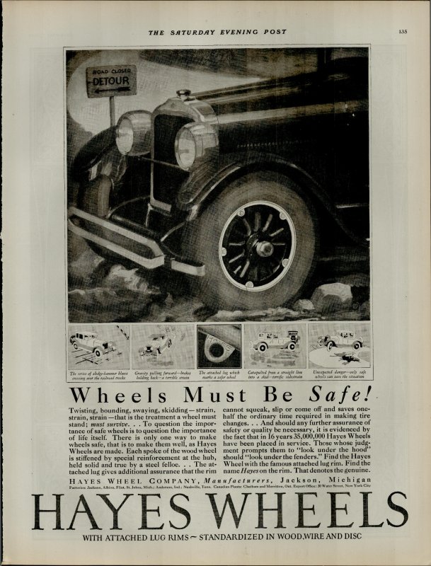 1924 Hayes Wheels Wheels Must Be Safe Vintage Print Ad 3959