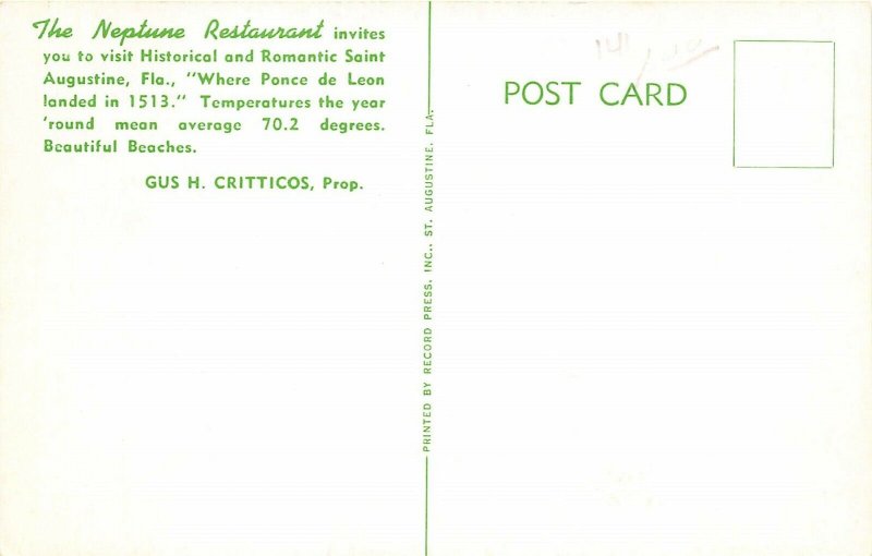 St. Augustine Florida 1950s Postcard The Neptune Restaurant