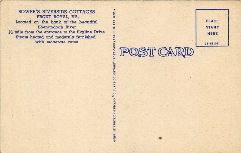 Front Royal Virginia 1940s Postcard Bower's Riverside Cottage Motel