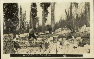 Edmonton AB Studio - Logging Sawing Logs Men Work Labor Real Photo Postcard