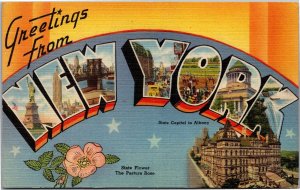 Postcard NY Greetings From New York large letter state capitol and flower