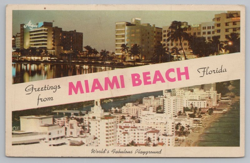 Miami Florida~View Of City At Night And At Day~Vintage Postcard