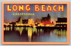 Long Beach California~View Of City Skyline From The Water~Vintage Linen Postcard
