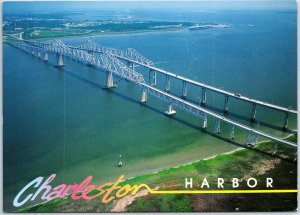 VINTAGE CONTINENTAL SIZE POSTCARD AERIAL VIEW OF THE HARBOR AT CHARLESTON S.C.