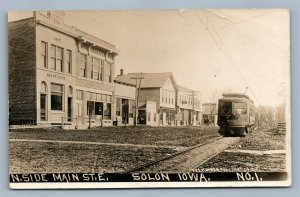 SOLON IA MAIN STREET w/ TROLLEY collage? ANTIQUE REAL PHOTO POSTCARD RPPC