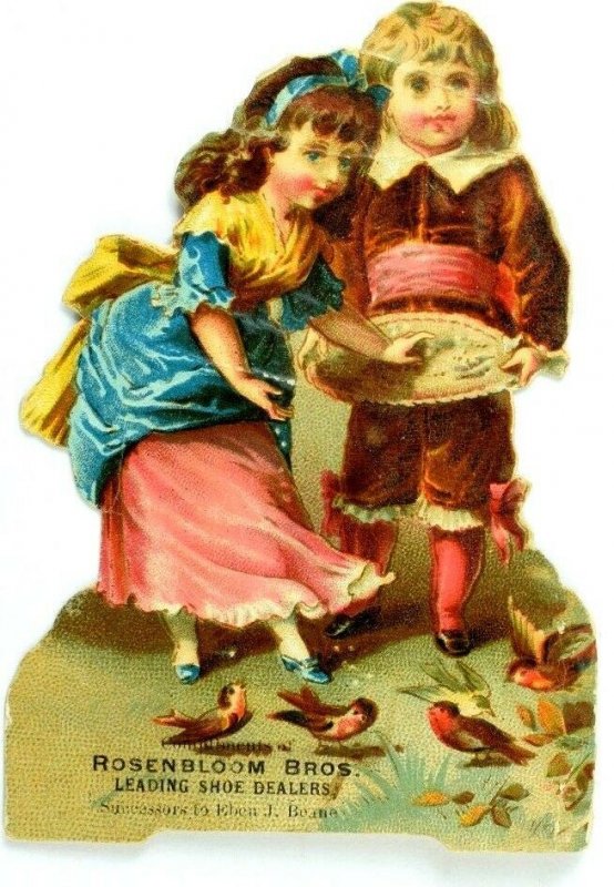 Lovely Die Cut Kids Feeding Birds, Rosenbloom Bros Shoe Dealer Trade Card P74