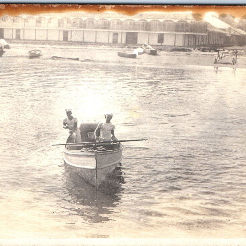 c1910s Young Men Navy Sailors in Boat RPPC Foreign Shore Real Photo USN A127