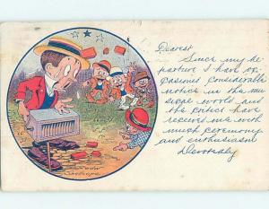 Pre-Linen signed SHELLCOPE - KIDS THROW BRICKS AT MAN WITH ORGAN GRINDER HL2401