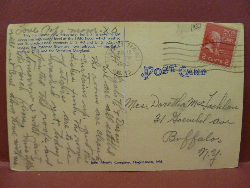 Old Postcard WV -  Hancock Bridge Potomac River Connecting WV and MD