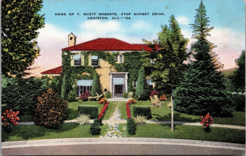 Linen Postcard Home of T. Scott Roberts, Atop Sunset Drive in Anniston, Alabama