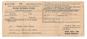 WWII Mileage Gas Rationing Record 1944 Allentown PA Civilian