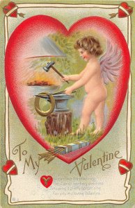 J23/ Valentine's Day Love Holiday Postcard c1910 Cupid Anvil 94
