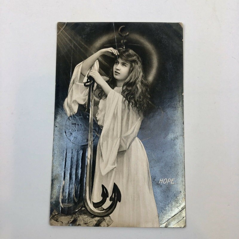 RARE Vintage RPPC: Woman  “Hope”Anchor Postcard POSTED  1907 LONDON