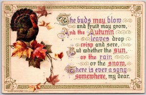 1915 Thanksgiving Greetings Turkey & Orange Leaves Card Posted Postcard