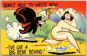 Naked Fat Lady Chased By Bear I've Got A Big Bear Behind Comic Card Postcard