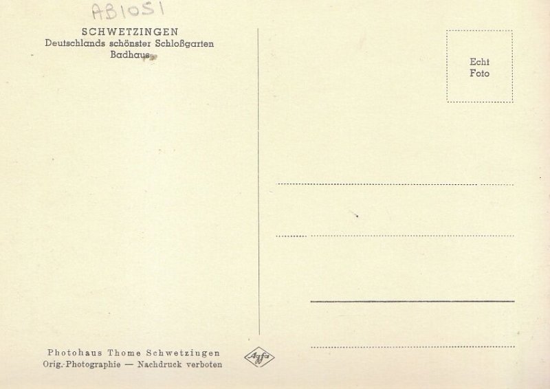 Germany Postcard - Schwetzingen - Deutschlands Schonster - Badhaus  AB1051