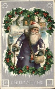 Christmas - Santa Claus Purple Coat Silver Border c1910 Embossed Postcard