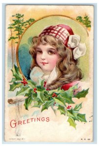 1908 Christmas Greetings Girl Curly Hair Holly Berries Posted Antique Postcard