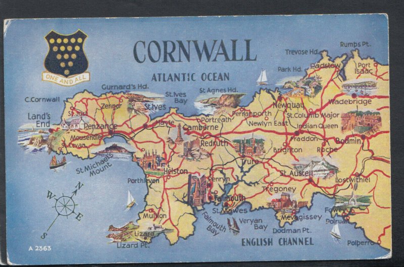 Maps Postcard - Map Showing Cornwall    RS19290 