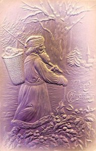 Christmas Greetings Santa Claus with Basket Airbrushed Embossed PC AA50047