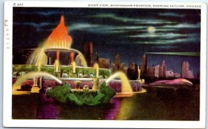 M-40627 Night View Buckingham Fountain Showing Skyline Chicago Illinois