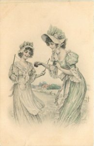 Hand-Colored Postcard, 2 Pretty Young Ladies Play Diabolo in the Country, France