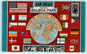 SAN DIEGO, CA  Balboa Park HOUSE OF PACIFIC RELATIONS Globe Flags 1960s Postcard